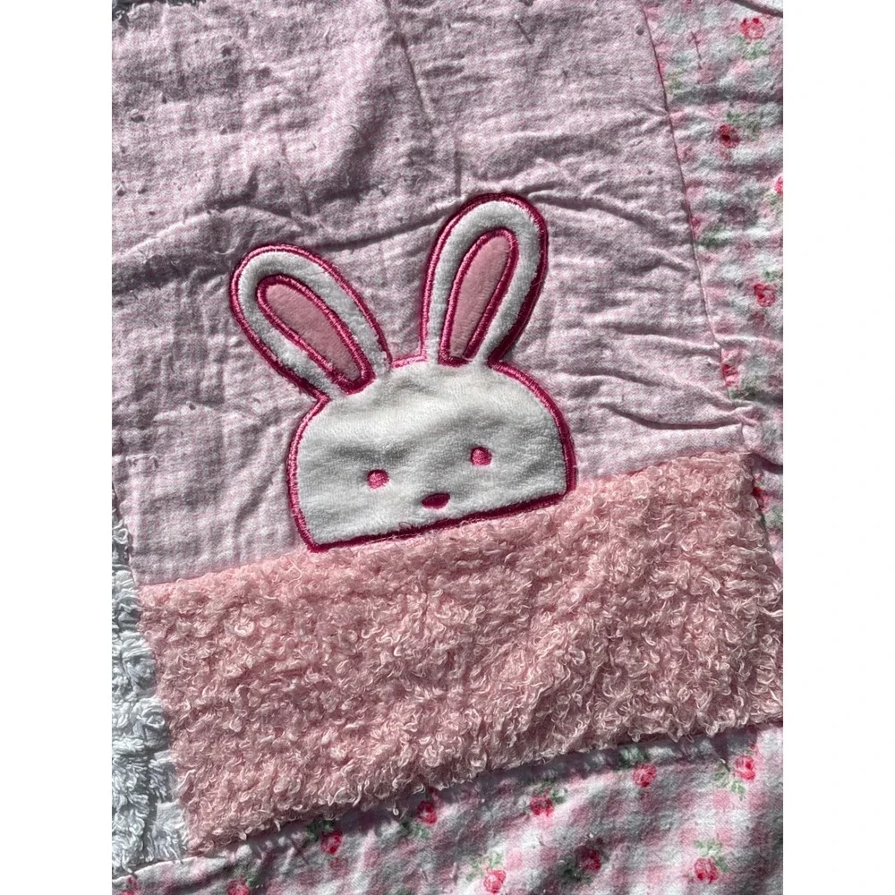 Handmade Pink Gingham Bunny Patchwork Baby Quilt Floral Embroidered Blanket